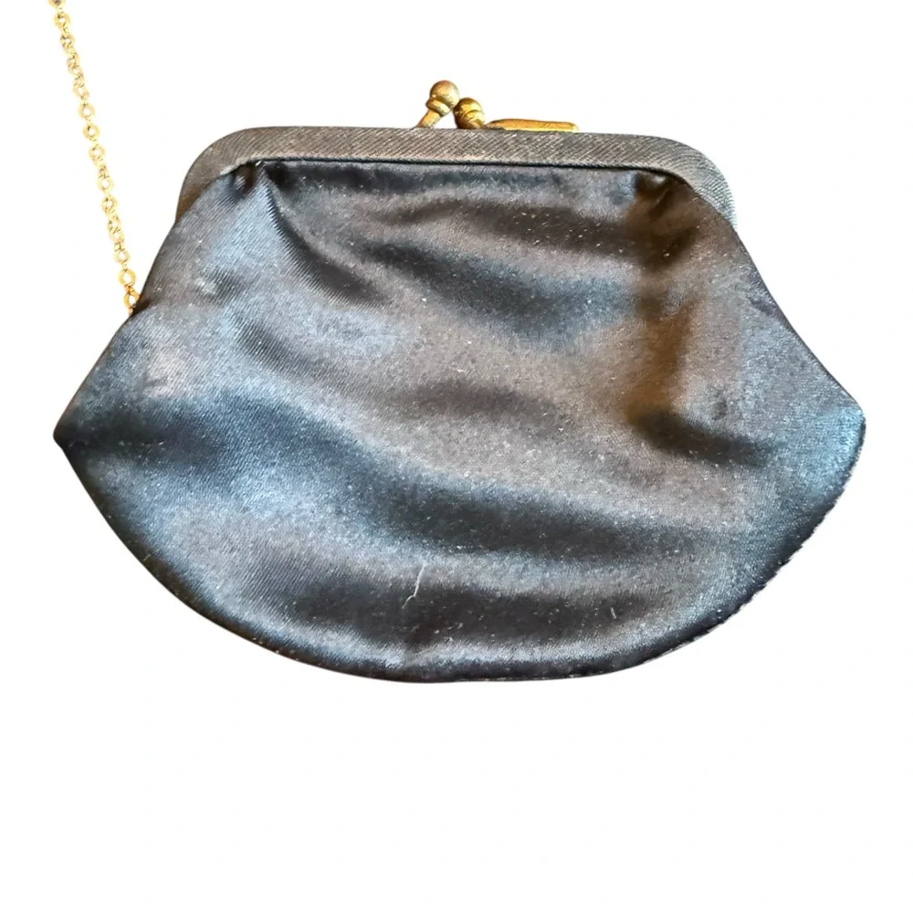 Vintage 1950s Black Satin Evening Purse with Ornate Gold Enamel Frame - Picture 7 of 8
